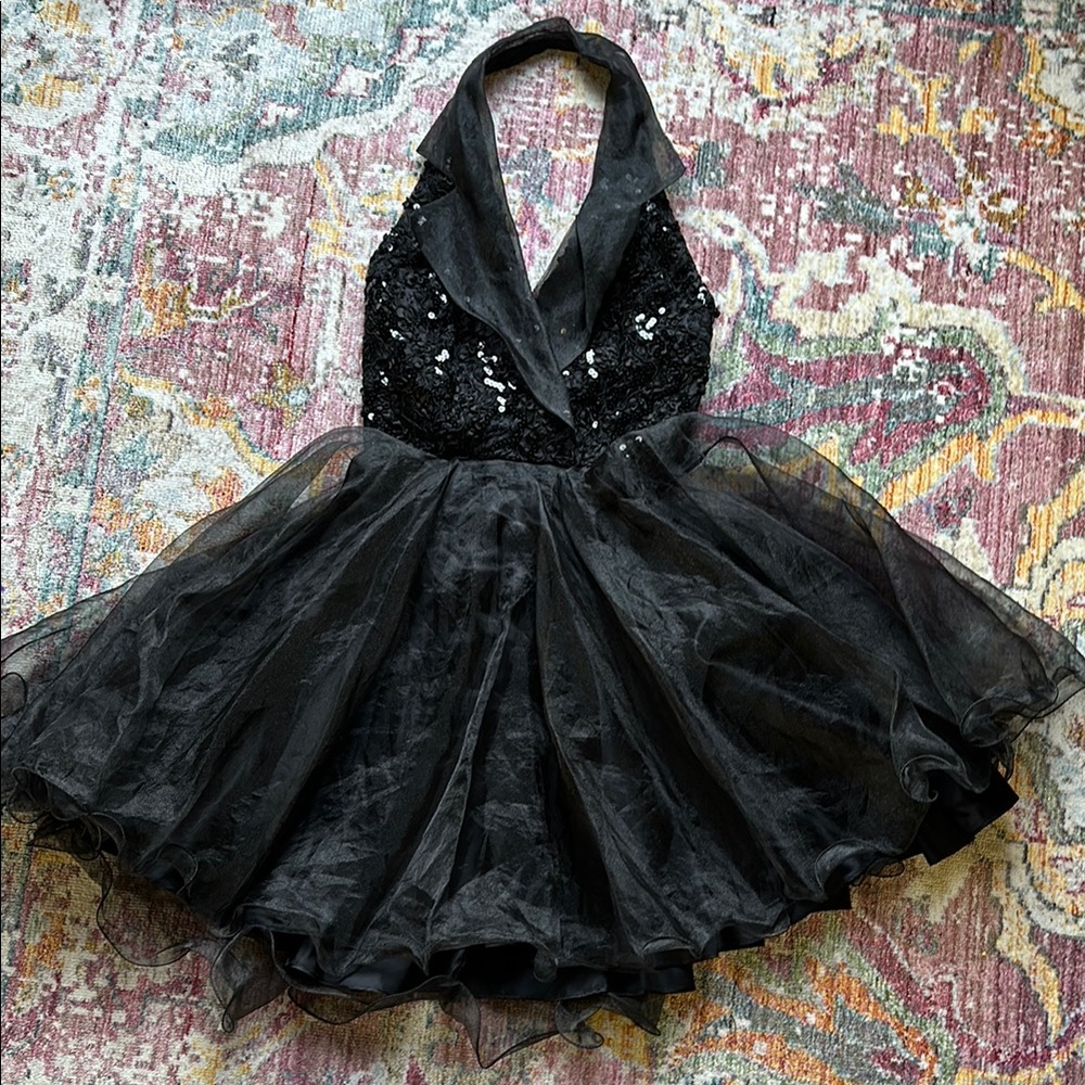 Vintage Faviana 80s Black Halter Tulle Sequin Cocktail Dress Sz 3/4 Made in USA